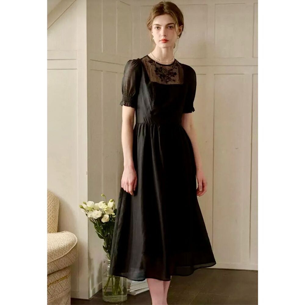 Black Midi Dress with Sheer Embroidered Yoke and Puff Sleeves